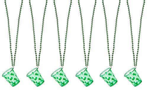 6 x St Patricks Day Shot Glasses Novelty Irish Shamrock Drinking Glass with Necklace