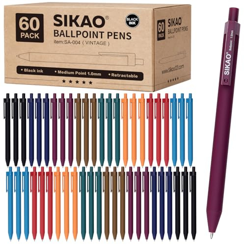 Sikao Vintage Kugelschreiber schwarz, 60 Stück – Druckkugelschreiber mit schwarzer Tinte, 1,0 mm Medium Spitze, Sanftes Schreiben ohne Verschmieren, 8 ruhige Farben für Büro & Schule