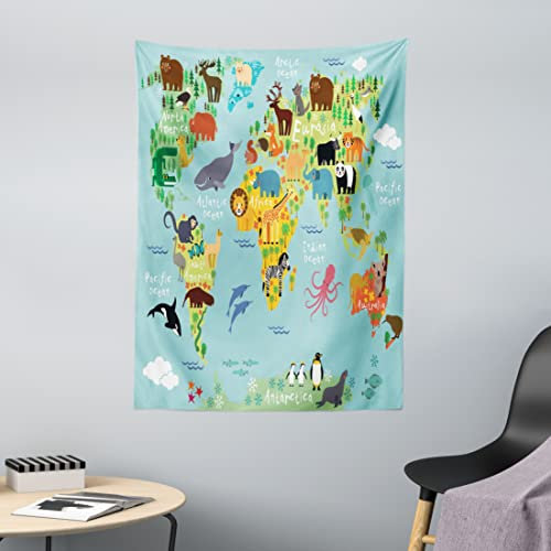 ABAKUHAUS Weltkarte Wandteppich, Tier Karte der Welt aus Weiches Mikrofaser Stoff Waschbar ohne Verblassen Digitaldruck, 110 x 150 cm, Blassblau Gelbgrün