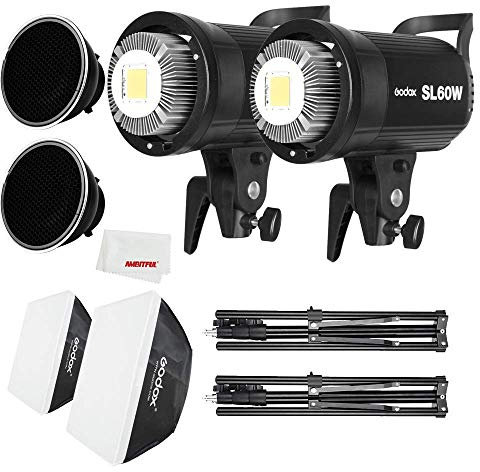 Godox SL-60W LED - Illuminatore a LED per video e Softbox 60 x 60 cm, stativo per luce, griglia a nido d'ape adatto per film, fotografia in studio , 2 pezzi
