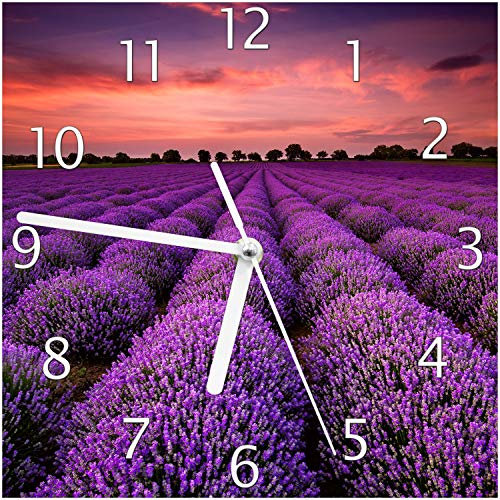 Wallario Design-Wanduhr Lavendelfeld unter rotem Himmel aus Glas, Motiv-Uhr Größe 20 x 20 cm, weiße Zeiger