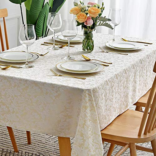maxmill Jacquard-Tischdecke mit Damast-Muster, auslaufsicher, knitterfrei, schwer, weich, Tischdecke für Küche, Esstisch, Outdoor, Picknick, rechteckig, 132 x 178 cm, Beige