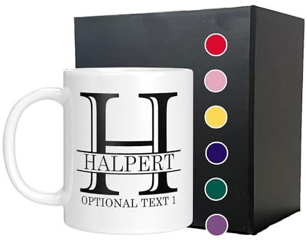 Spotted Dog Company Personalised Coffee Mug with Custom Monogram Name and Text - Halpert, White Ceramic, Tea, Hot Chocolate, Customised with Back Options, Great Gifts for Men, Women, Dye (11oz)