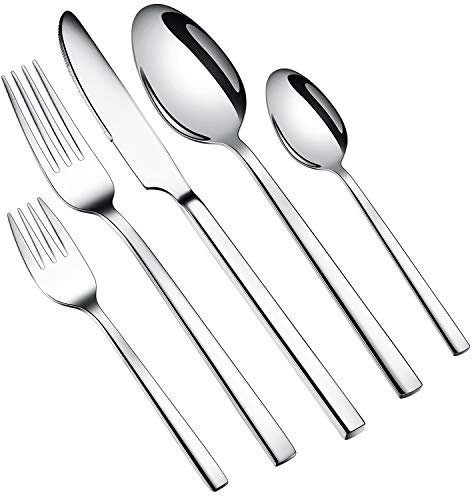 WUJO Cutlery Set, Stainless Steel Dinner Set, 60 Piece Dinnerware/Tableware/Silverware Set Service for 12 Person, Include Knife/Fork/Dessert Fork/Spoon/Teaspoon, Mirror Polished, Dishwasher Safe