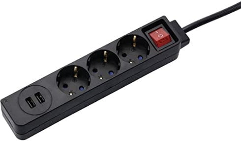 Hama Steckdosenleiste 3-Fach mit USB (2X USB Anschluss mit 3400 mA, 1,4m Mehrfachsteckdose, Berührungsschutz, unbeleuchteter Kippschalter, Steckplätze um 45° gedreht, Steckleiste max. 3680W) schwarz