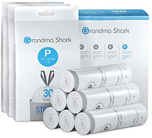 GRANDMA SHARK 50-58L UP TO 65L Bin Bags Liners Drawstring Trash Bag, Handle Waste Bags, 90 Garbage Bag, Super Strong, Anti-Drip Unscented, 70 × 77 cm