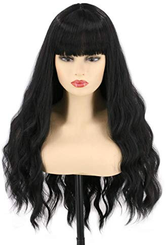 Topcosplay Lang Gewellt Perücke für Frauen Super Natürlich Synthetische Wig Locken Perücken für Anime Cosplay Kostümparty Halloween Karneval (Schwarz Perücke mit Pony)