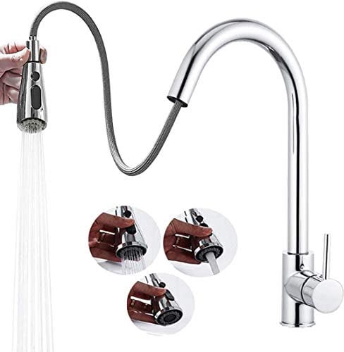 Drenky Kitchen Sink Taps Mixer with Pull Out Spray Solid Brass 360 Swivel Spout Kitchen Sink Taps with Hot and Cold Hoses with 3 Spary Modes, Chrome