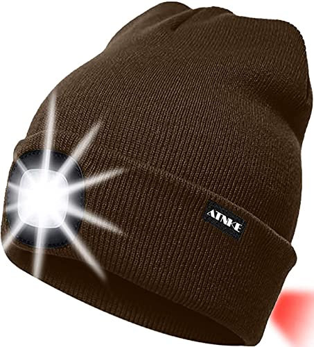 ATNKE 8LED beleuchtete Strickmütze, wiederaufladbare USB-Scheinwerferkappe mit extrem Heller, wasserdichter Lampe und Blinkender Alarm Rotes Rücklicht Multi-Color/Brown
