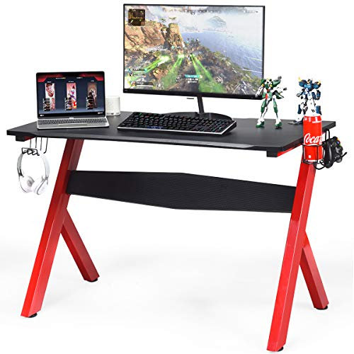 COSTWAY Escritorio de Gaming, Escritorio Ergonómico para Ordenador, Mesa Videojuegos con Portavaso Porta Cascos y Alfombrilla para el Ratón, Escritorio para Casa Cuarto de Juegos Dormitorio