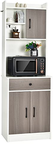 COSTWAY Mueble Cocina con 3 Puertas y Despensa, Almacén Cocina con Cajón, Hoyo para Cables, Repisas Regulables, Amplio Espacio Abierto para Microondas (Blanco, 40 x 60 x 180 cm)