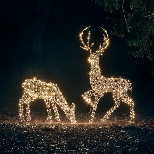Lights4fun 2er Set Studley LED Rattan Rentier Familie XL Hirsch Figur Bicolor Timer Weihnachtsbeleuchtung Außen Innen Weihnachtsdeko Weihnachtsfigur LED Hirsch Rentier