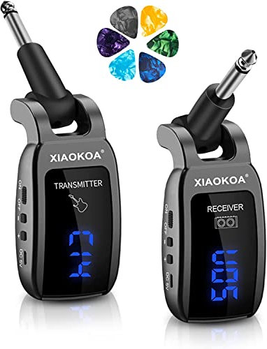 XIAOKOA Drahtloser Gitarren Sender, UHF kabellos Gitarren Sender Empfänger, 50m Übertragung Wiederaufladbar mit LED Digitaler Bildschirm, Geeignet für Gitarre Bass Instrumente