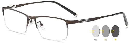 VEVESMUNDO Selbsttönende Lesebrillen Blaulichtfilter Sonnenlesebrille Metall Halbrand Photochrome Lesehilfe Brillen mit Sonnenschutz für Herren (1 Stück Kaffee Photochrome Lesebrille, +1.0)