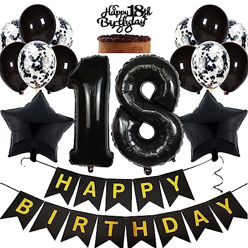 Feelairy Geburtstagsdeko 18 Jahre Junge, Luftballon 18. Geburtstag Deko Mädchen, Schwarz Tortendeko Happy 18th Birthday Deko 18 Jahre Mädchen, Ballon 18. Geburtstag Party Dekoration Set