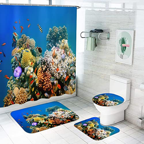 LKFFHAVD Rideau de douche sous la mer 180 x 180 cm, tapis de salle de bain 4 pièces, rideau de douche étanche décorez votre salle de bain (180 x 200 cm, 1)