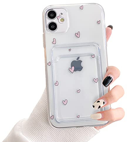 NITITOP Compatible for iPhone 11 Case Clear with Card Holder, Cute Heart Pattern Love Design for Women Girl, Protective Soft TPU Shock-absorbing Wallet Case for iPhone 11-Pink Heart
