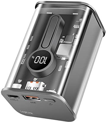 LogiLink Powerbank 10000 mAh con protezione 7 velocità, 1 USB-C con PD (Power Delivery 3.0) e 1 USB A con QC (Quick Charge 3.0), con display, design trasparente