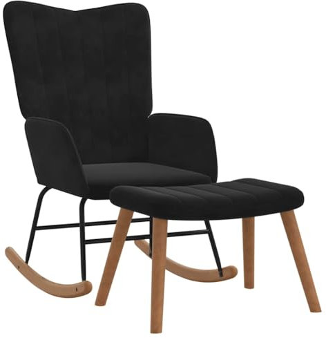 vidaXL Schaukelstuhl mit Hocker, Schwingstuhl mit Armlehne, Schaukelsessel mit Holzkufen Stahlgestell, Relaxsessel Schwingsessel Wohnzimmer, Samt Schwarz