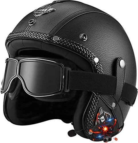 Bluetooth Jet Helm Erwachsene 3/4 Leder Motorrad Halbhelme Brain-Cap Retro Halbschalenhelm Jethelme Mit Brille,ECE Zertifizierung Offener Cruiser Chopper Helm Rollerhelm,für Herren Damen (A L=59~60CM)