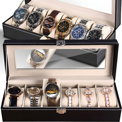 Retoo Uhrenbox für 6 Uhren, Uhrenkasten mit Fächern, Uhrenkissen aus Samt, Aufbewahrungsbox, aus PU Leder, Uhrenschachtel, Watchbox, Uhrenkoffer mit großer Fächern und klarem Deckel