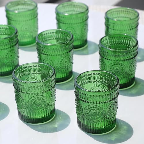 Vohocandle Green Tealight Holders Set of 12, Votive Candle Holder Sunflower Embossed for Outdoor Christmas Decorations, Holiday, Boho Glass Tea Light Holder for Dressing Table(5.5cm*6.5cm,W/H)