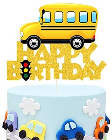 Glitter School Bus Cake Topper Happy Birthday Theme Cake Decor, Child Boys Girls School Themed Party Supplies