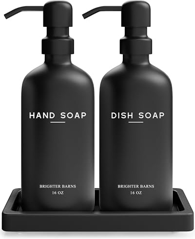 Brighter Barns Hand- und Spülseifenspender-Set aus schwarzem Glas, Küchenseifenspender-Set mit Schale für Zuhause, Airbnb, Ferienwohnung, als Geschenk, moderne Küchendekoration, Schwarz