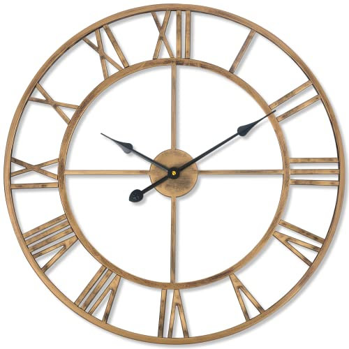 SkyNature Wanduhr Große Vintage, 60cm Industrie Metall Dekor Wanduhren, Leise Ohne Tickgeräusche Metall Uhr, Retro Wanduhr für Wohnzimmer, Küche, Schlafzimmer, Büro - Bronze