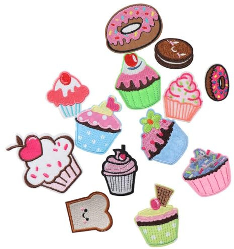 YYlingx Cupcake-Aufnäher, bestickt, Lebensmittelform, bestickte Applikation, bunte dekorative bestickte Aufnäher für Jacken, Hüte, Rucksäcke, Jeans, DIY-Kleidung, 13 Stück