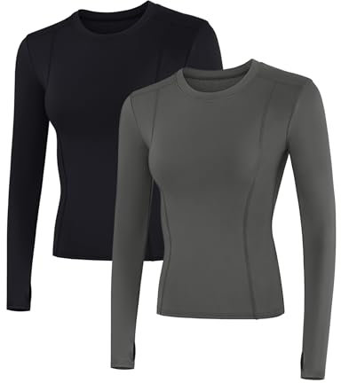 IECCP 2Pack Women's Long Sleeve Sports Workout Running Shirts Crew Neck Top Lightweight Yoga Shirt for Women Compression Fitness Shirts Black XL