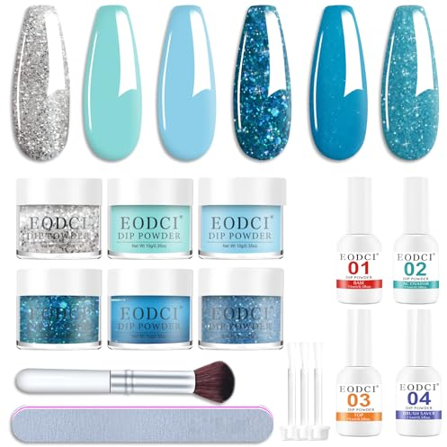 Eodci 12Pcs Dip Puder Nagel Set, 6 Farben Glitzerndes Blaues Schnee Tauchpulver Set mit Basis Decklack/Aktivator/Pinselschoner Dipping Powder French Nagelkunst Starter Maniküre für Home & Salon