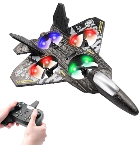 RC Flugzeug,2.4GHz Ferngesteuertes Flugzeug Jet Fighter Quadcopter Flugzeugs mit 3D Flip Stunt und Farbigen Lichtern Flugzeug Modell Spielzeug RFT Für Anfänger Kinder und Erwachsene(Grau)