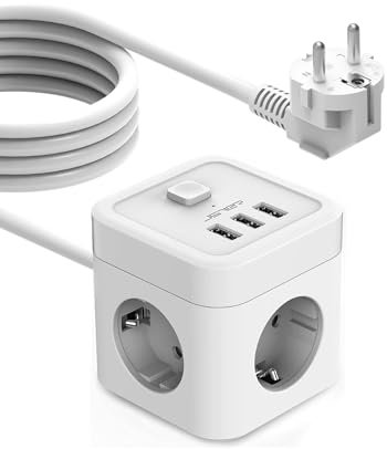 JSVER Steckdosenwürfel 5M Steckdosenleiste 3 Fach mit USB,Überspannungsschutz mit 3 USB Ladegerät (15,5W) Mehrfachsteckdose(3680W) mit Schalter für Büro, zu Hause oder auf Reisen-Weiß