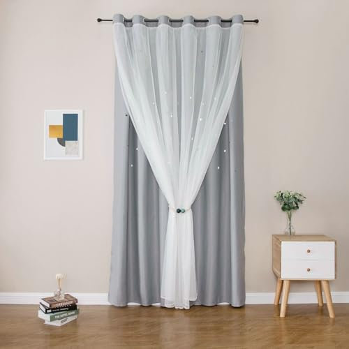 Daesar Blickdichte Vorhänge mit Ösen 2er Set, Verdunkelungsvorhänge Grau 107x183CM Doppellagig mit Sternen Motiv Schlafzimmer Kinderzimmer Jugendzimmer Gardinen Junge