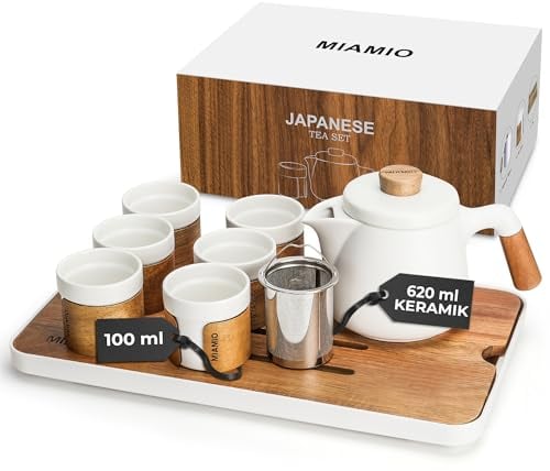 MIAMIO - Japanese/Chinese Tea Set 6 x 100 ml/Asian Tea Pot 620 ml with Tea Infuser, Traditional Japanese Tea Cups Set for Tea Lovers/Men/Women (White)