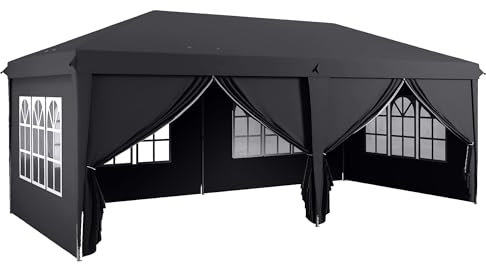 Outsunny 3 x 6 m Garden Pop Up Gazebo, Wedding Party Tent Marquee, Water Resistant Awning Canopy with Sidewalls, Windows, Carry Bag, Grey