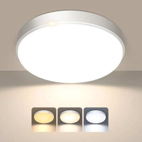 OOWOLF Led Flush Ceiling Light - 24W 2400LM 9 Inch Metal Base 3000K/4000K/5000K Waterproof IP44 Bathroom Ceiling Light Fitting for Bedroom, Kitchen, Hallway, Living Room, Toilet, Shower (White, 1Pack)