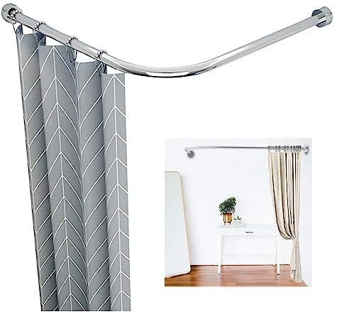 Duschvorhangstange L Form Verstellbar, 304 Edelstahl Duschstange für Ecke für Umkleidekabine,Dehnbar Winkelduschstange für Badewannen Bohren Oder Ohne Bohren(Size:70-95m x 70-95cm,Color:Sliver)