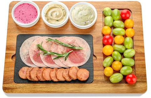 HALE OTEIR Bandeja de servir de madera de acacia con 3 cuencos de cerámica, plato de queso rústico, plato para carne, plancha para carne, queso, tapas, diseño natural
