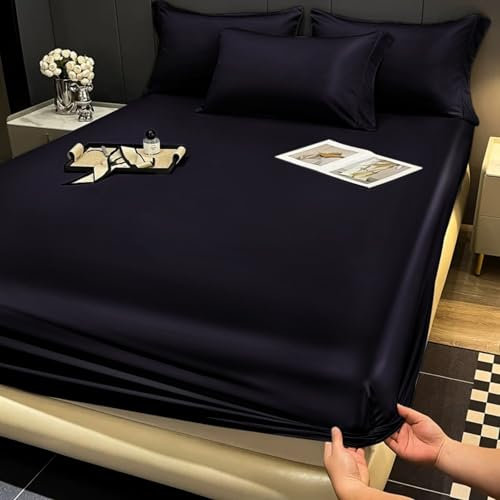 Gezu Satin Spannbettlaken 200x200cm Schwarz Glänzend Uni Seide Seide Glänzend Bettlaken Hochwertiges Deluxe Unifarben Spannbetttuch 200x200cm Microfaser Bettlaken für bis 10-30cm Matraze