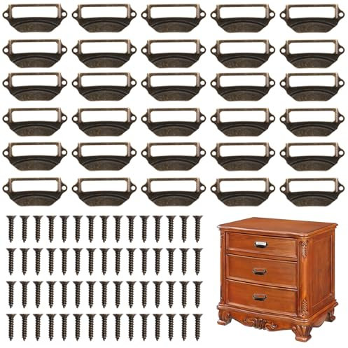 30 Piezas Soporte de Etiqueta de Cajon, Portaetiquetas Antiguas Marco de Metal para Etiquetas, Tiradores de Etiquetas para Armarios, Armario de Botica, Estantes, Cajones, Bodegas, Bronce (70x 30mm)