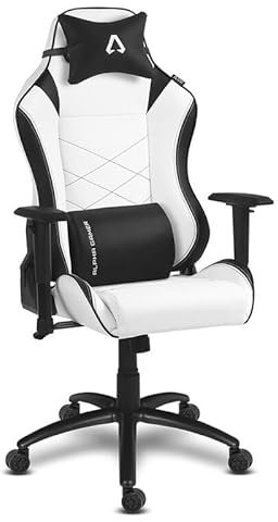 Alpha Gamer Atena - Silla Gaming de Cuero PU, Ergonómica, Reposabrazos Ajustables, Cojín Cervical y Lumbar, Base de Metal 150KG - Blanco y Negro