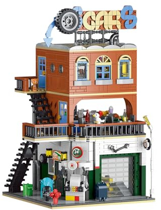 Geniteen City Haus 2-in-1 Auto-Reparaturwerkstatt Bausatz | 1637 Teile Kreatives Street-View-Bau-Set, Haus- & Bürodekoration Sammelmodell, DIY-Geschenke für Erwachsene