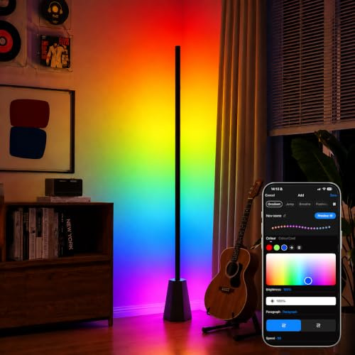 DeckTok RGB LED Stehlampe Wohnzimmer, WiFi Stehlampe 1500lm Dimmbar | 16 Mio. Farben, Farbtemp & Helligkeit stufenlos, Alexa & Google, Musikmodi, DIY-Modus Standleuchte für Schlafzimmer Gaming