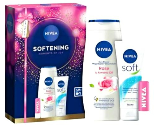 NIVEA Softening Moments Gift Set, Rose & Almond Oil Shower Cream 250ml, Soft Moisturising Cream 75ml, Rosé Lip Balm 4.8g