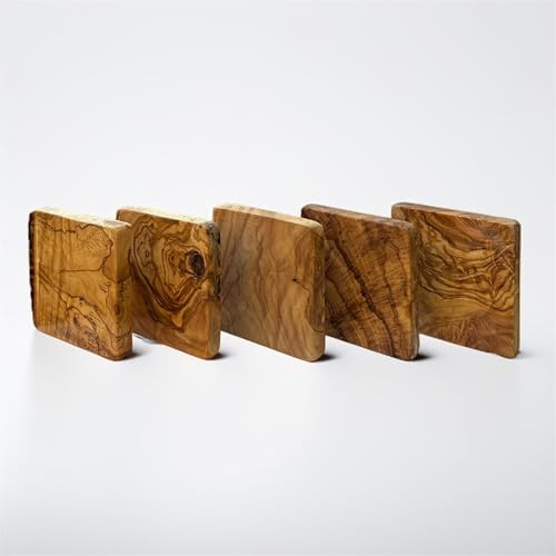 Olivenholz Platten 5er Set – Holzplatten 10x10x1,5 cm für DIY, Schmuck & Basteln – Naturholz Quadrate, geschliffen & einzigartig gemasert
