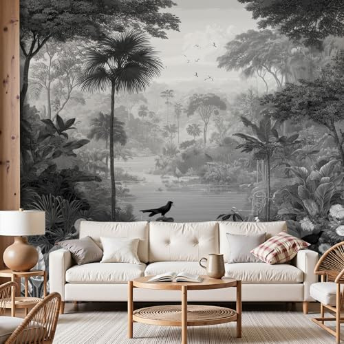 Dyjuaa Papier Peint Intissé Jungle Tropical Papier Peint Panoramique Forêt Plante Tapisserie Poster Mural pour Tropical Noir et Blanc Salon Chambre Décoration Murale 250x175 cm