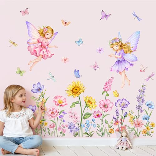 Supzone Wandtattoo Mädchen Feen Blumen Wandaufkleber Schmetterling Rosa Wildblumen Elfen Wandsticker Kinderzimmer Mädchen Schlafzimmer Babyzimmer Wohnzimmer
