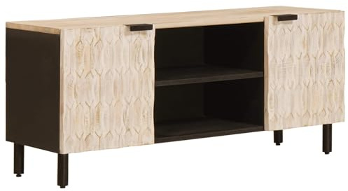 Runheo Mobile TV con anta, superficie bianca lavata, in legno massiccio di mango, 105 x 33 x 46 cm, con scomparto, spazio e ripiano per soggiorno, home theater e TV